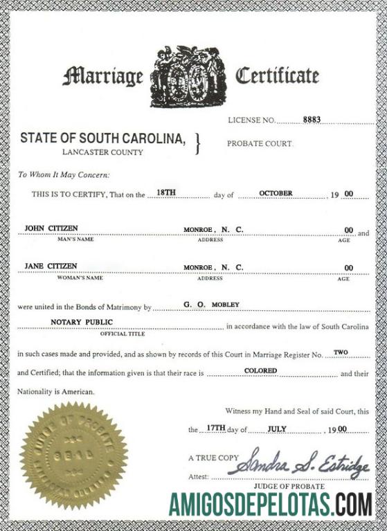 Realista modelo de certidão de casamento dos EUA na Carolina do Sul em formato PSD